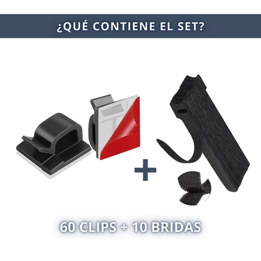 IBRIQO® 60 Clips Adhesivos Negros Sujeta Cables y 10 Bridas